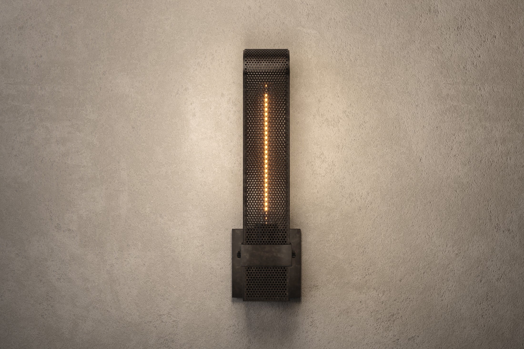 Designer lighting featuring the Baffle Sconce, a modern wall sconce in hand-finished perforated metal.