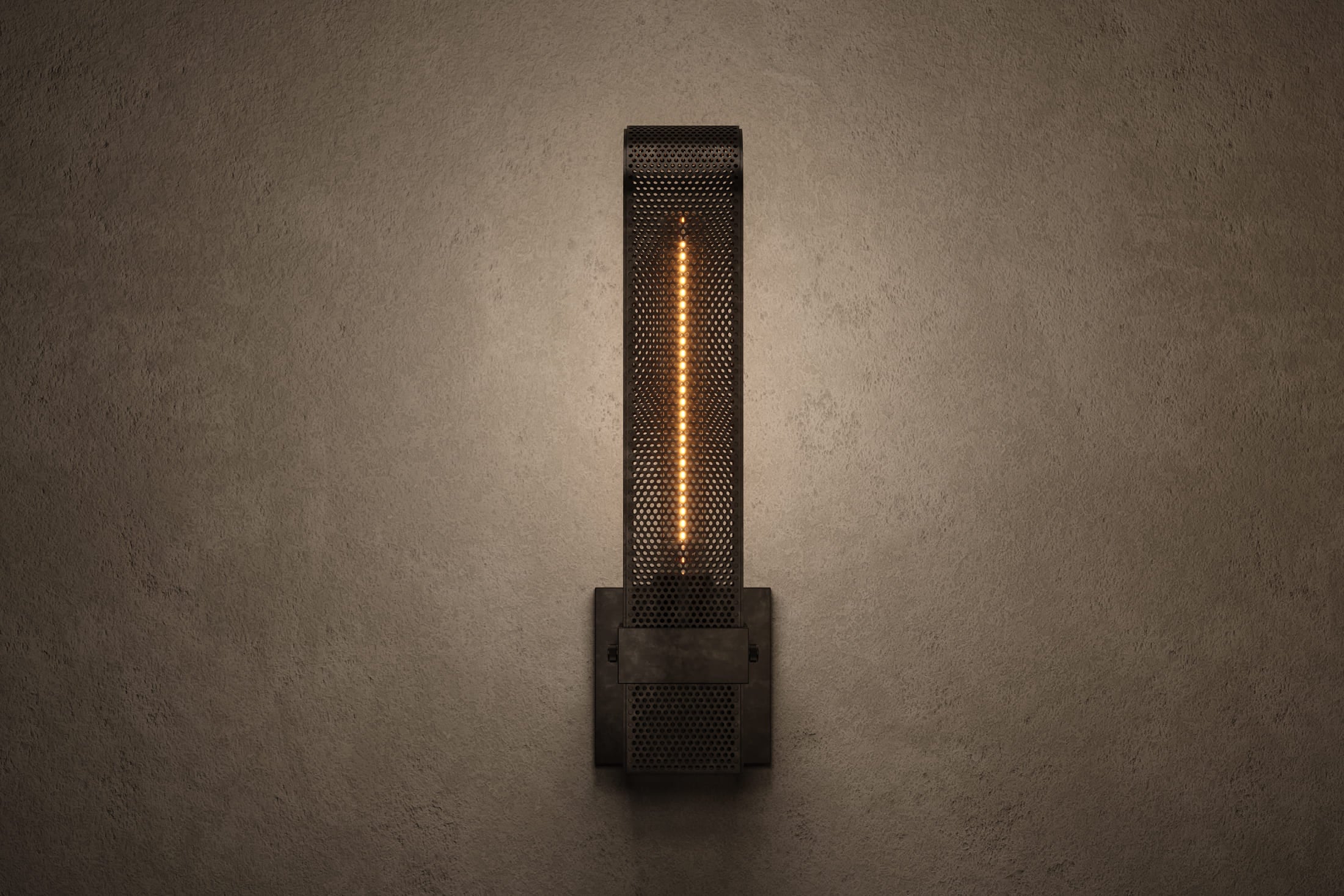 Modern designer lighting featuring the Baffle Sconce, a wall sconce in hand-finished perforated metal.