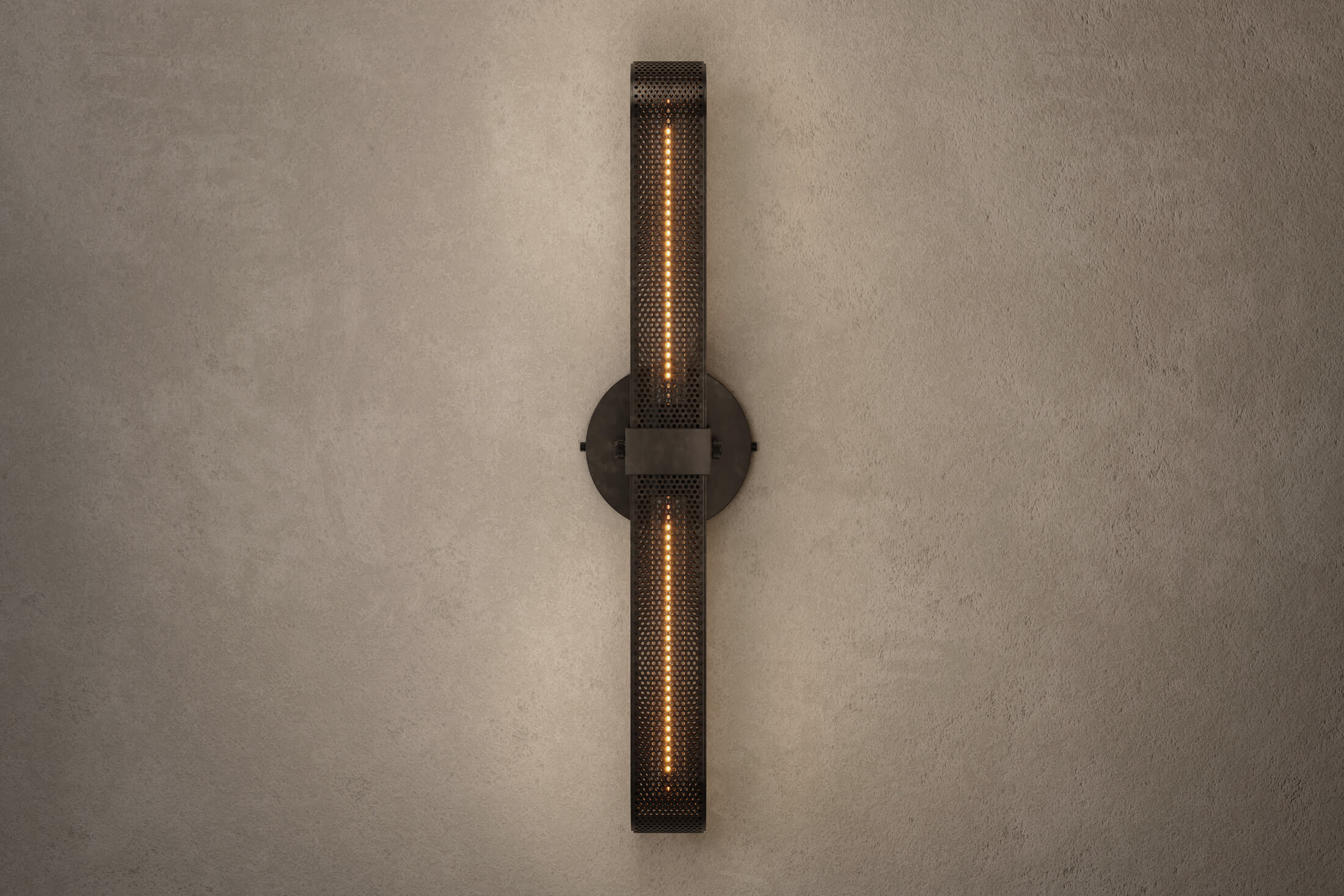 Front view of the designer Baffle Sconce (Tandem), an industrial-inspired wall light featuring hand-finished perforated steel for genuine, utilitarian elegance.