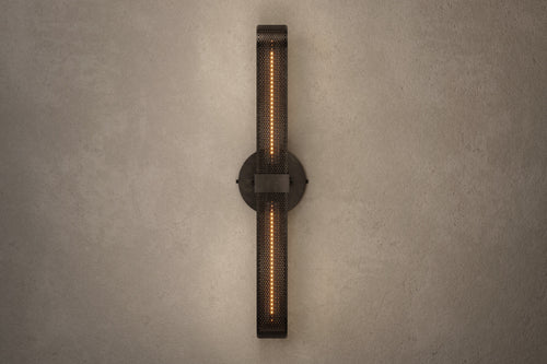 Front view of the designer Baffle Sconce (Tandem), an industrial-inspired wall light featuring hand-finished perforated steel for genuine, utilitarian elegance.