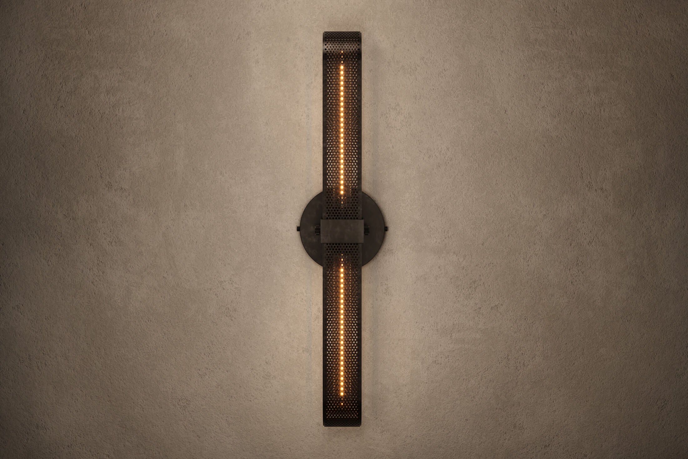 Front view of the architectural designer Baffle Sconce (Tandem), an industrial-inspired wall light featuring hand-finished perforated steel for genuine, utilitarian elegance.
