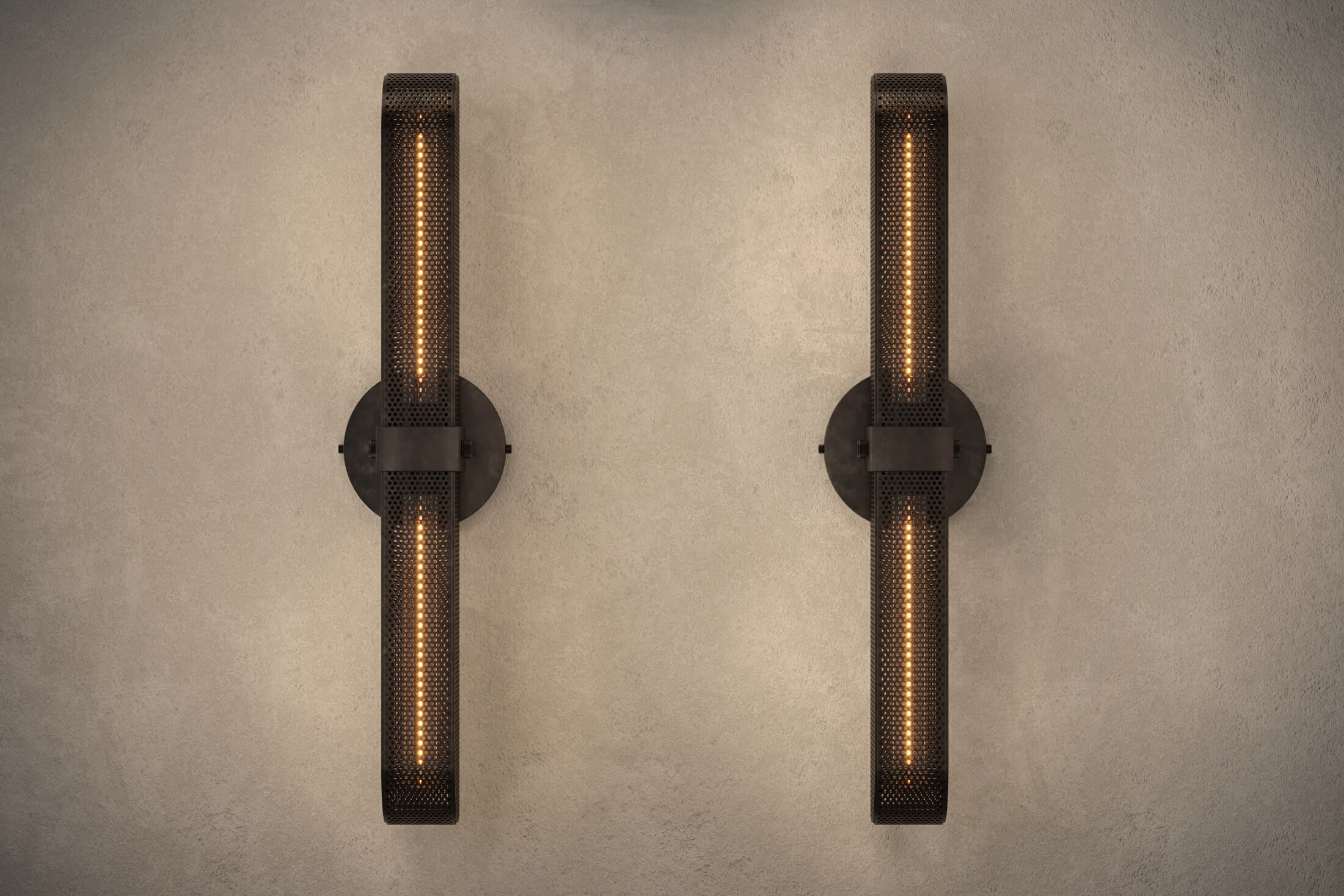 Front view of pair of designer Baffle Sconces, industrial-inspired wall lights featuring hand-finished perforated steel for genuine, utilitarian elegance.