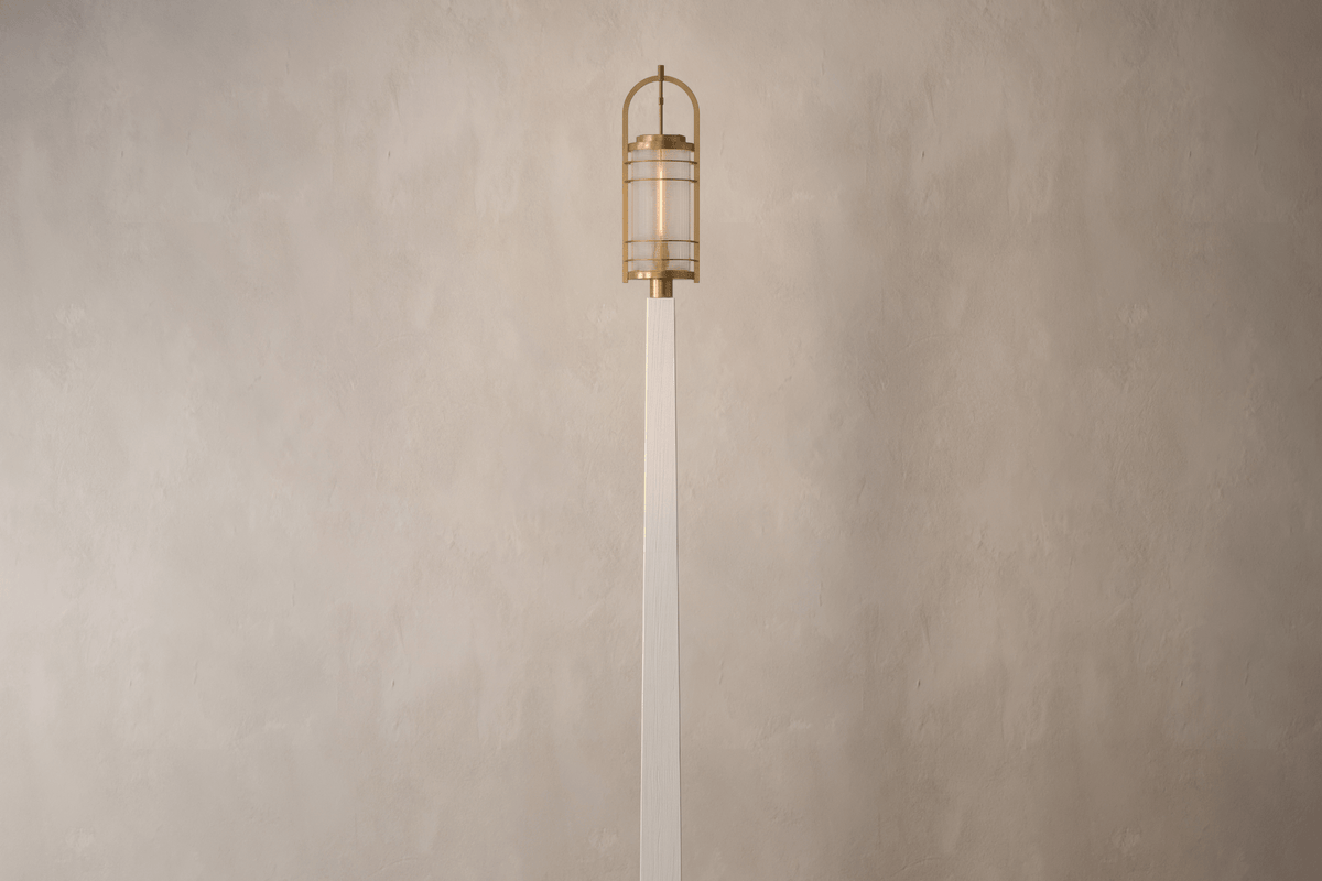 Front full post view of the designer Binnacle Post Lamp, a nautically-inspired outdoor light featuring hand-finished solid brass and heavy glass for authentic, artisanal elegance.