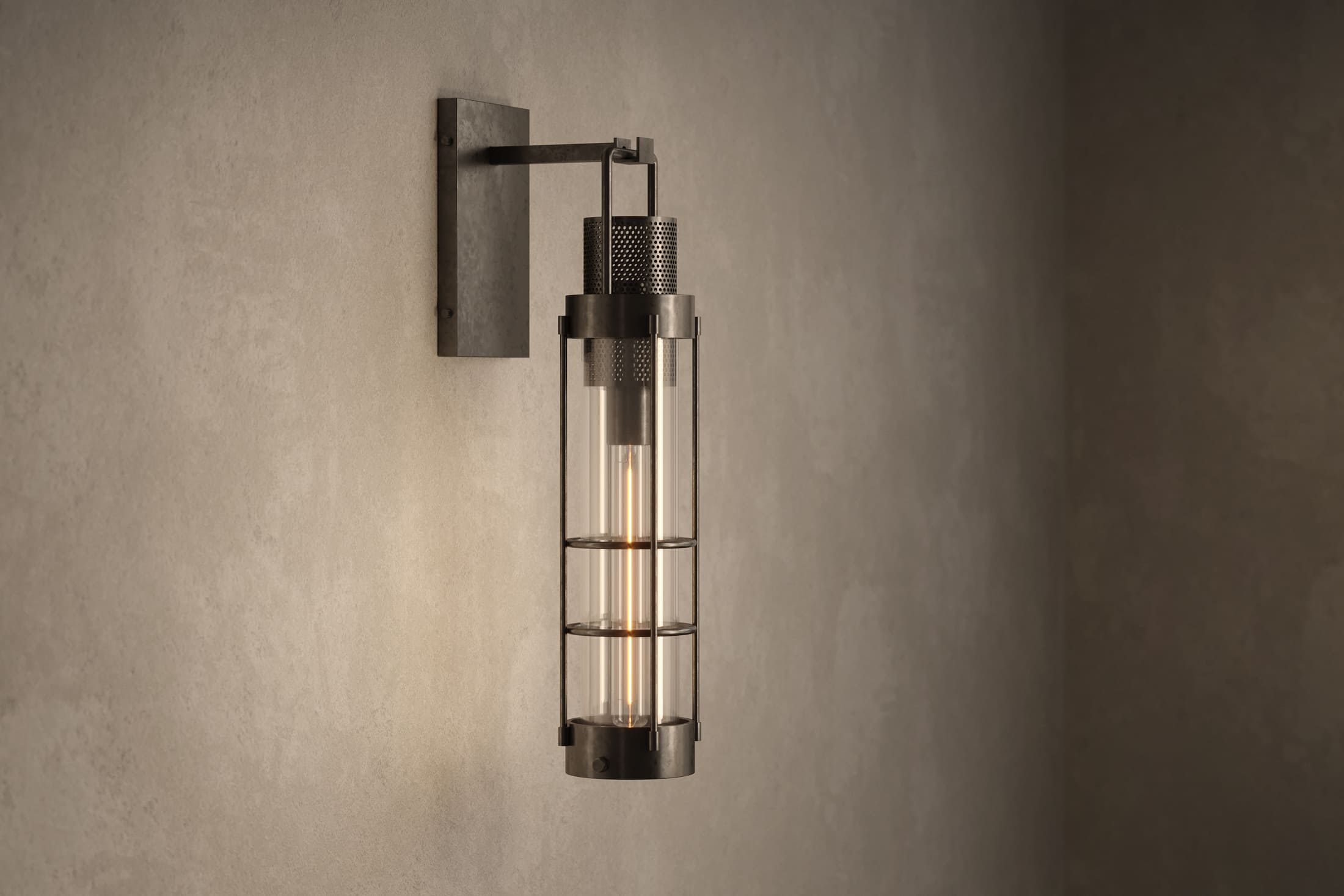 Architectural lighting featuring the Davy Sconce, a modern wall sconce in hand-finished steel and glass.