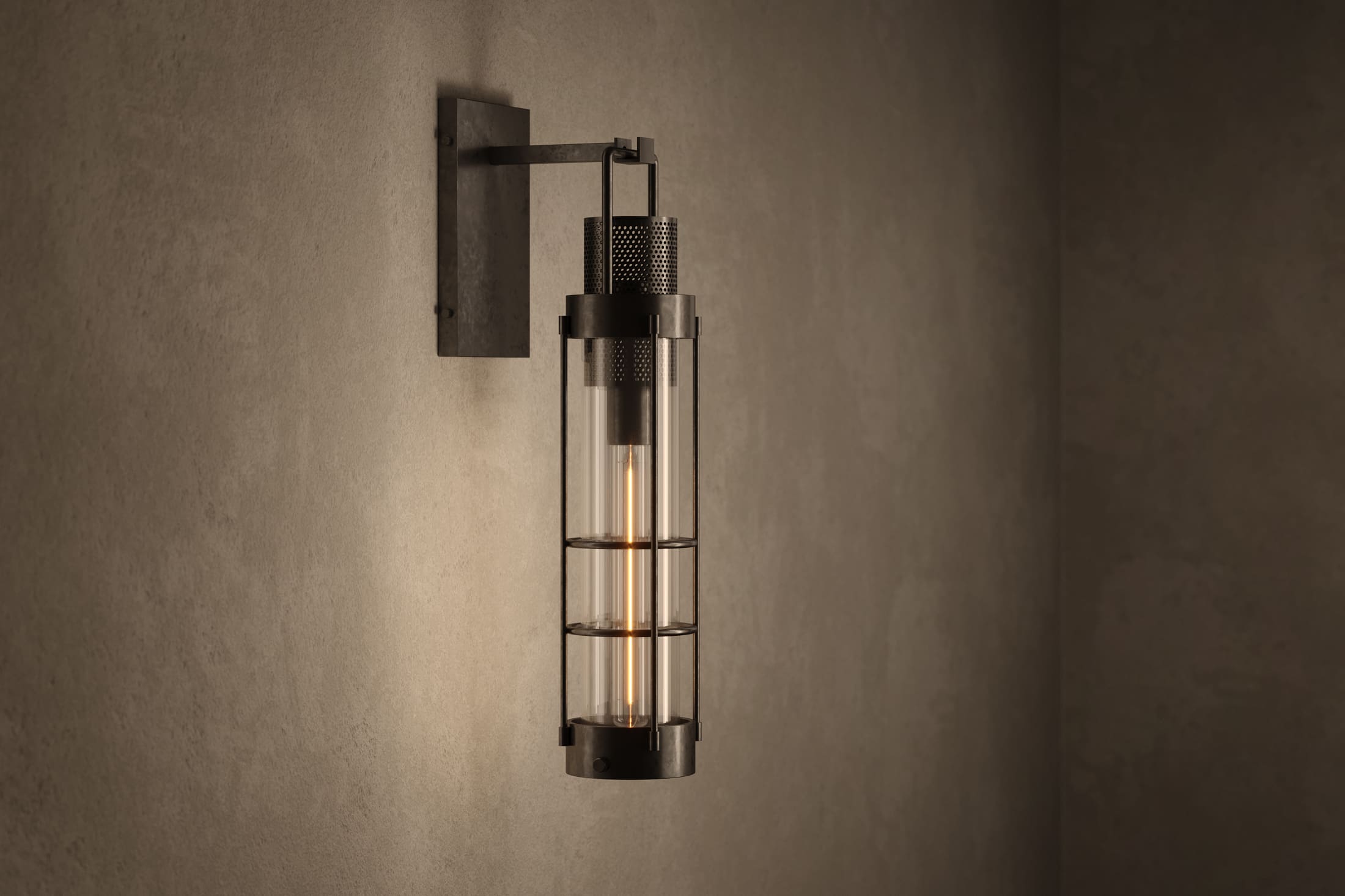 Modern designer lighting featuring the Davy Sconce, a wall sconce in hand-finished steel and glass.