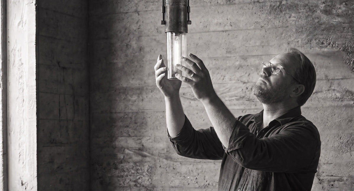 Designer inspecting a brass and glass light fixture in the Kimmel Crafted workshop.