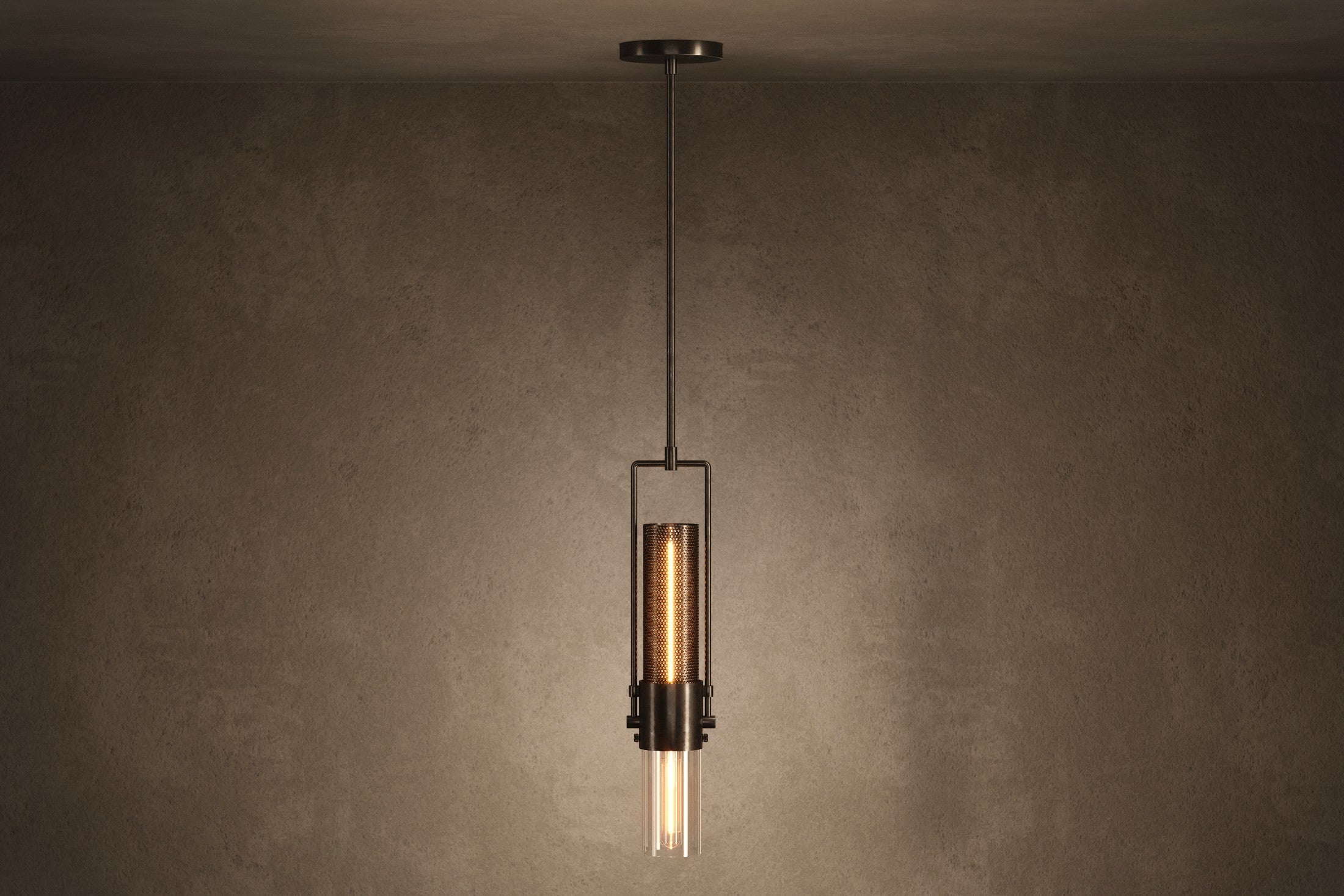 Modern designer lighting featuring the Plumb Pendant, a pendant light in hand-finished steel and glass.